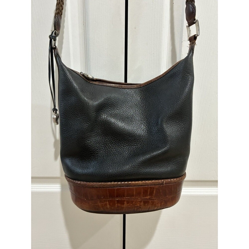 Brighton Vintage Pebbled Leather Bucket Shoulder Bag Purse Black Embossed Croc